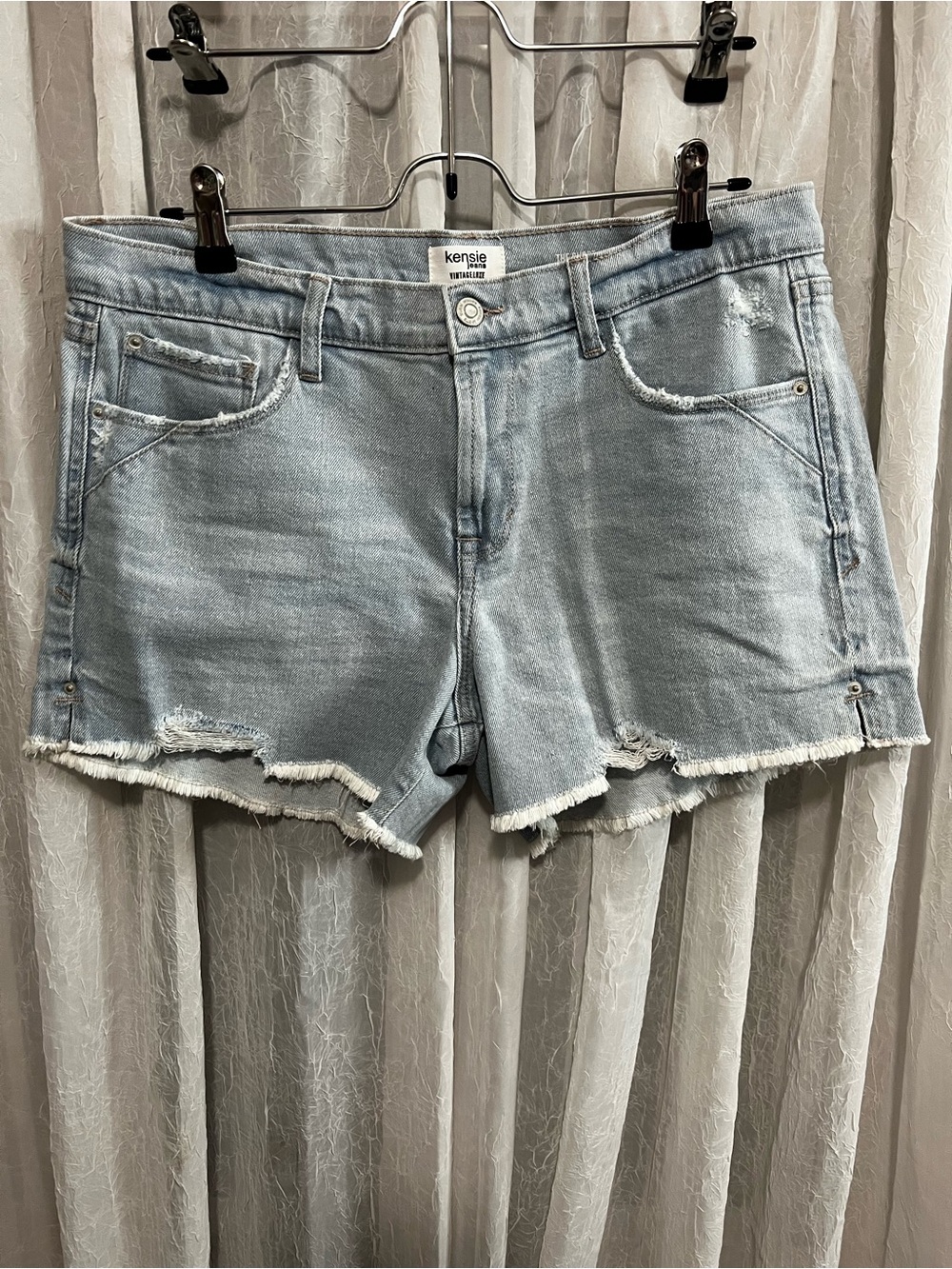 Kensie Light Blue Frayed Hem Denim Shorts